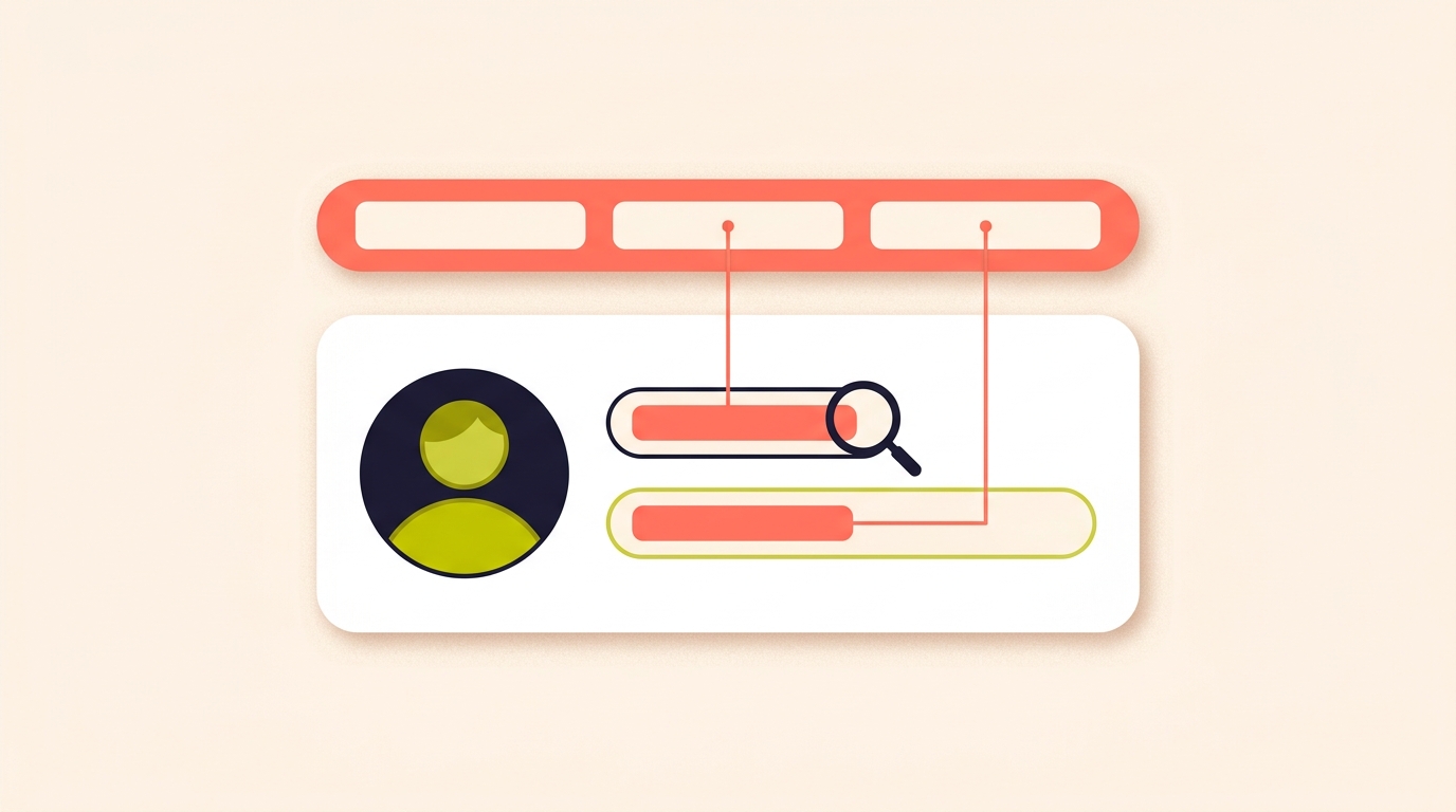 An enlarged profile header with two blank stacked fields, joined by guide lines to matching blocks inside a search bar above.