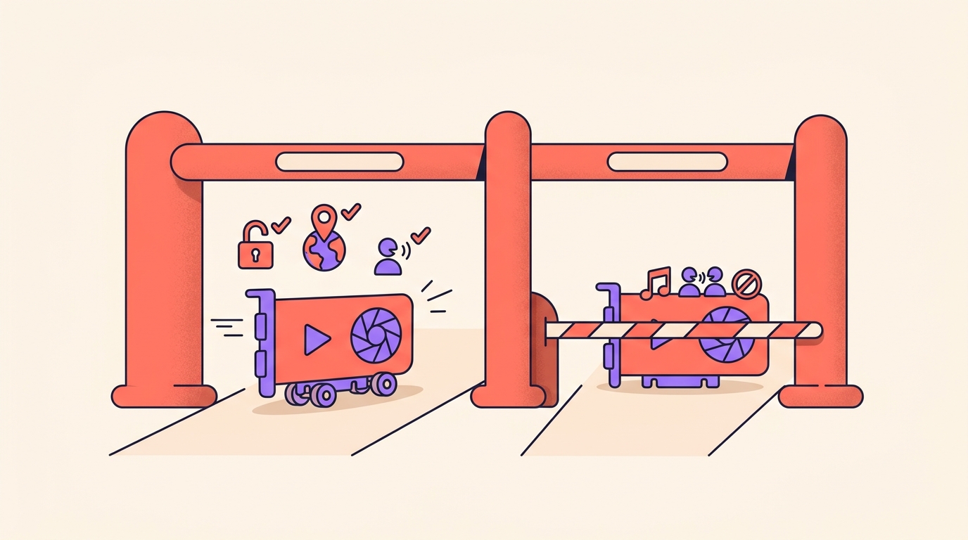 A checkpoint where one video passes with ticks for an open padlock, a globe pin and one speaker, while another waits behind a lowered bar.