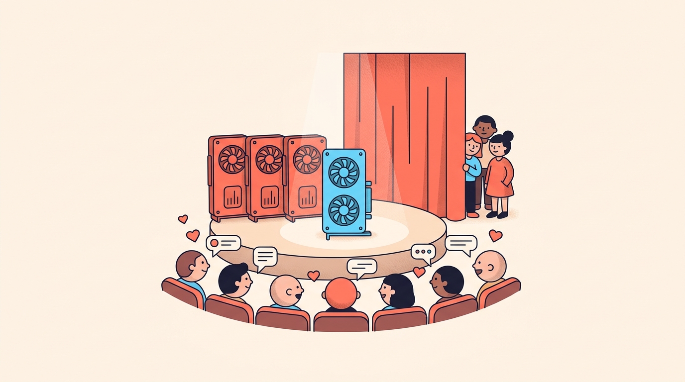 An odd-one-out video card on a spotlit stage before a semicircle of unfamiliar faces, with followers waiting behind a closed curtain.
