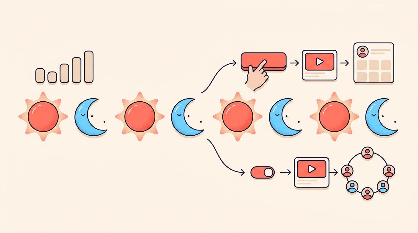 A timeline of suns and moons where a results panel appears, then forks into a hand pressing a share button and a switch releasing the same video.