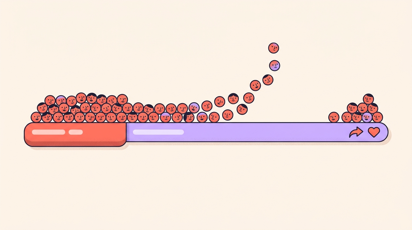 A long progress bar whose first segment is enlarged under a dense crowd of viewers that thins away along the rest of the track.