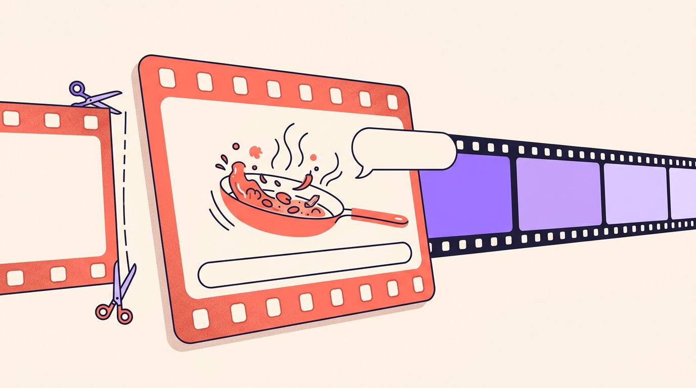A filmstrip whose enlarged first frame shows a pan already sizzling, a speech bubble matching the caption bar, and scissors trimming the film.