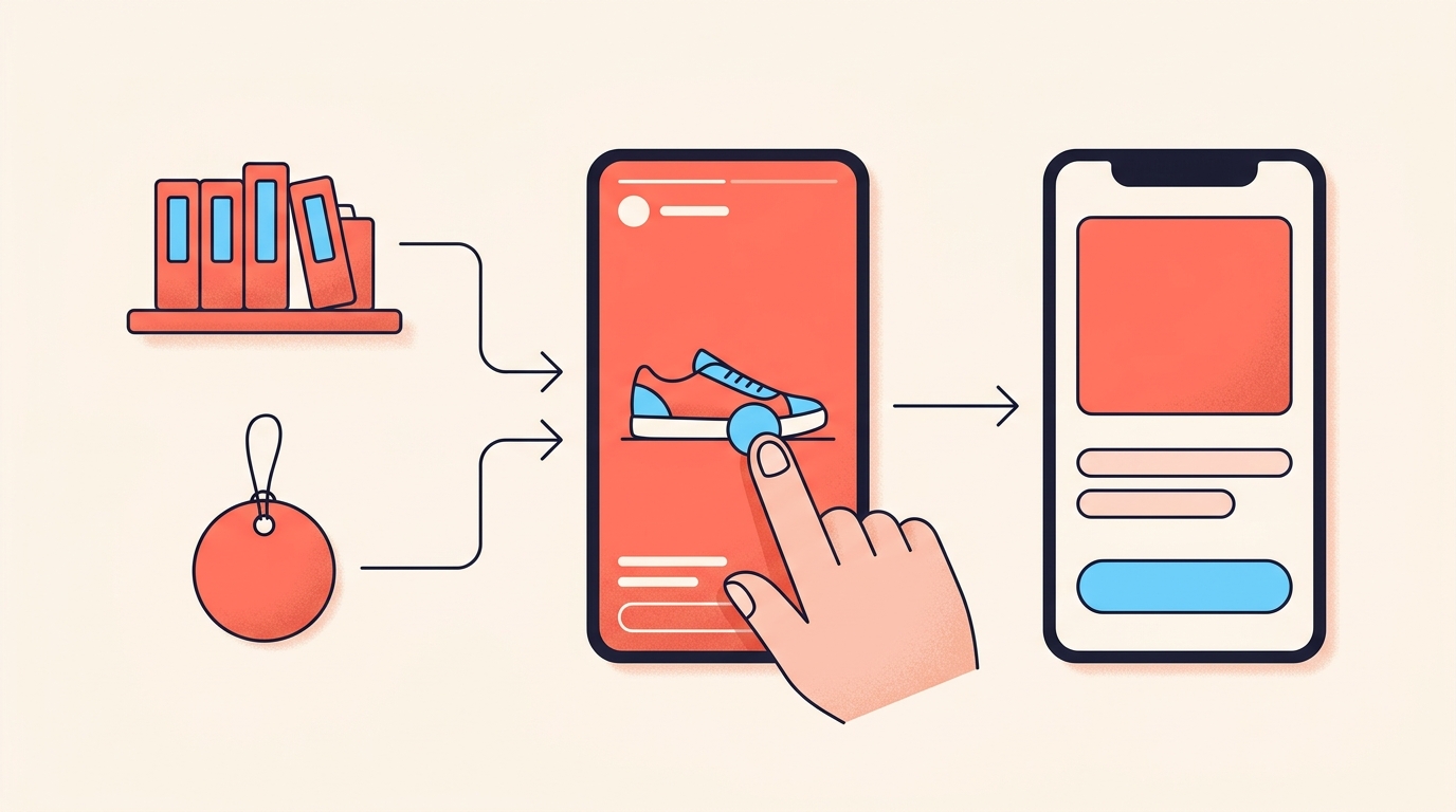 A flow from a catalogue shelf and a hanging link chip into a reel tagged on a sneaker, then out to a plain product page on another phone.