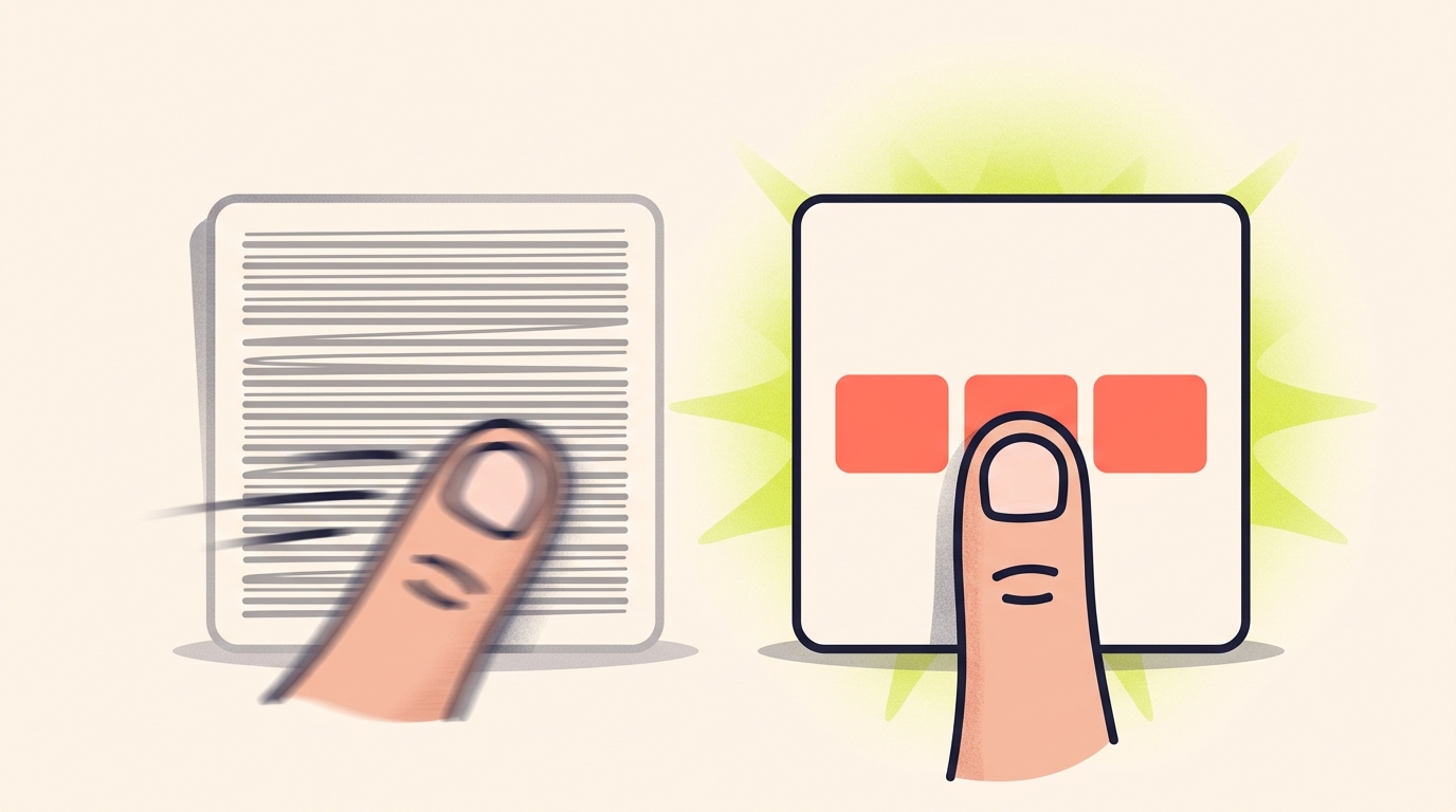 Two carousel slides compared: a crowded one full of tiny lines being scrolled past, and a bold, nearly empty one where a thumb stops.
