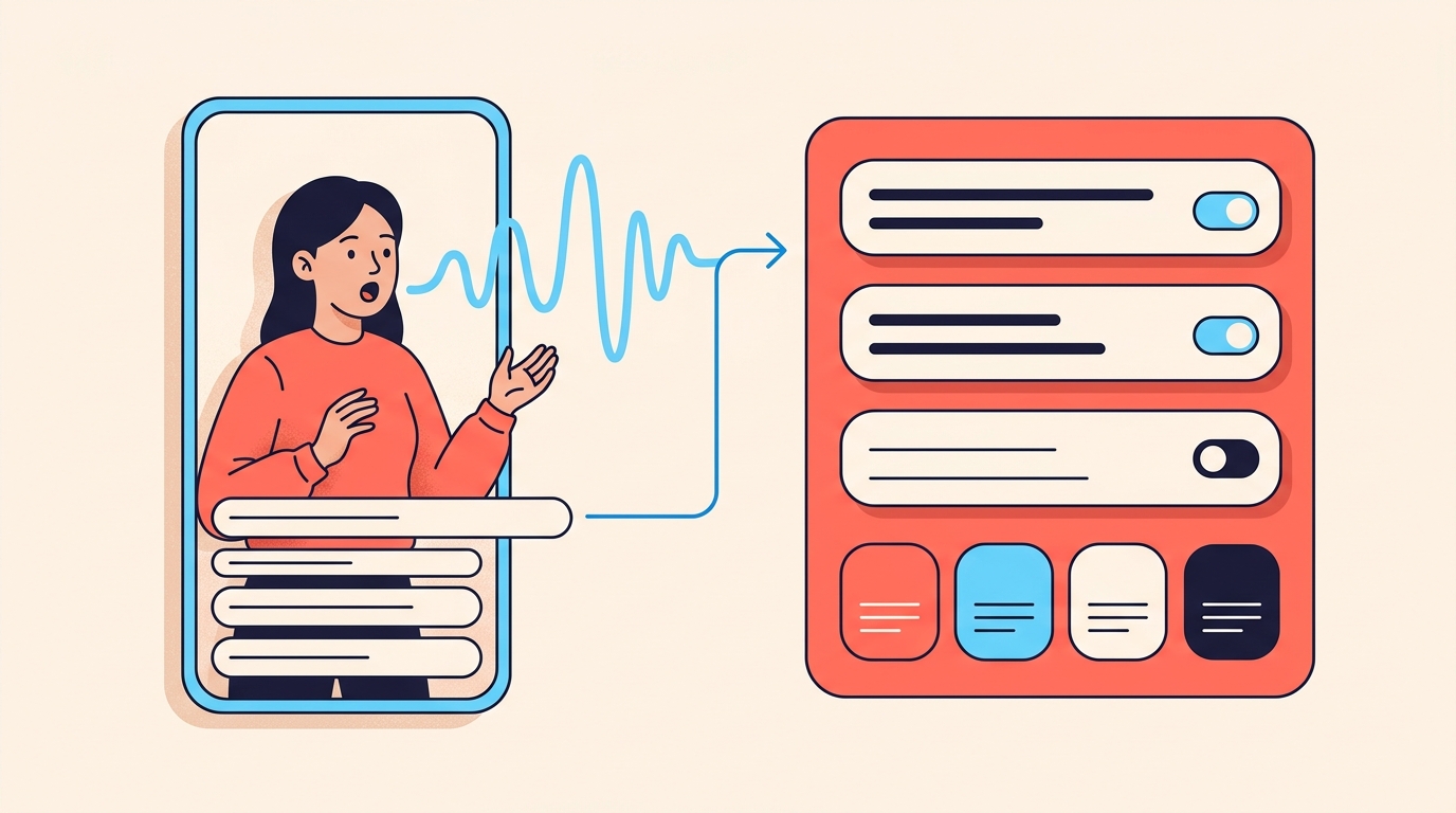 A speaking figure whose voice flows into a captions panel of three toggle rows and four blank caption style swatches.