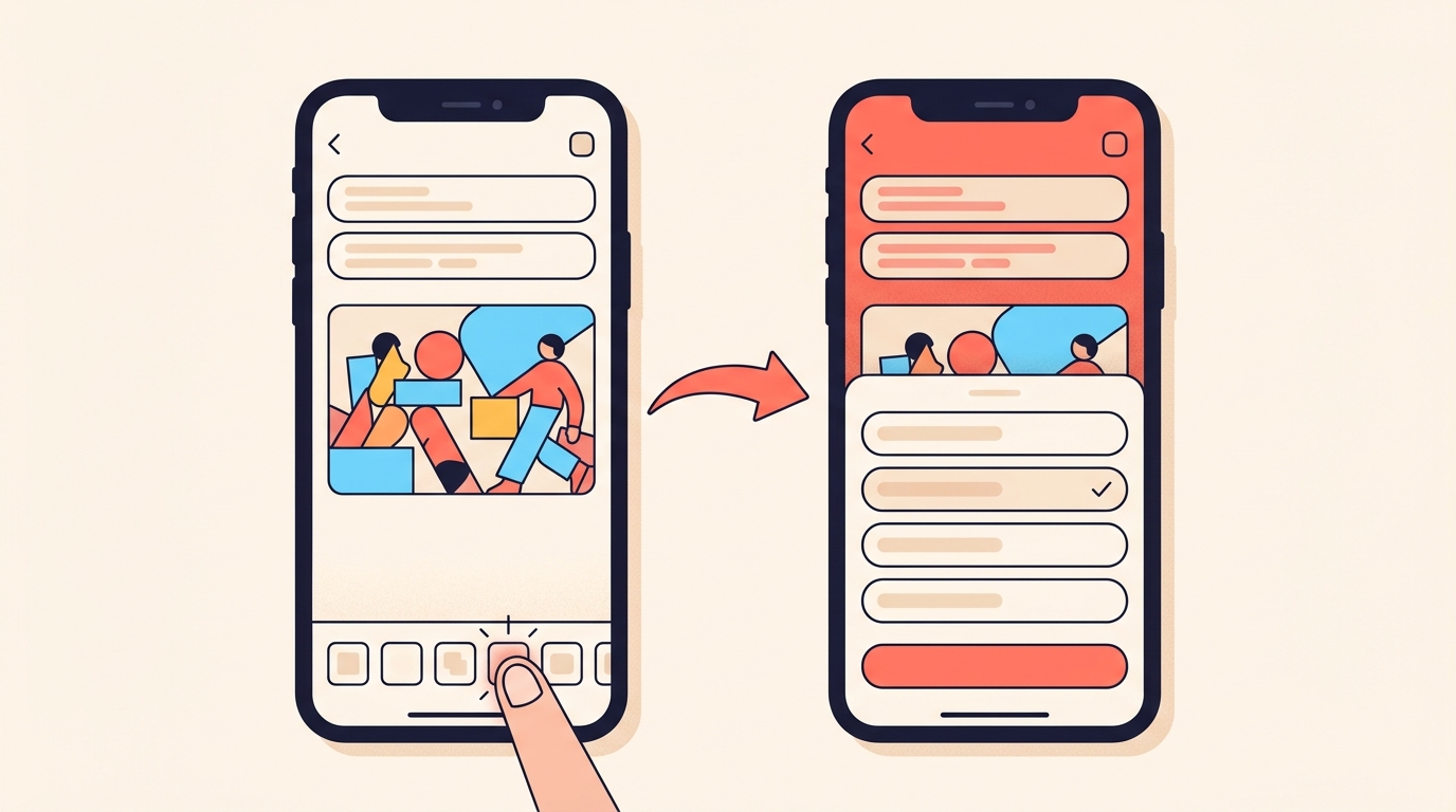 Two phone frames side by side: a toolbar button being tapped, then a list sheet with one row ticked as a second caption bar appears.