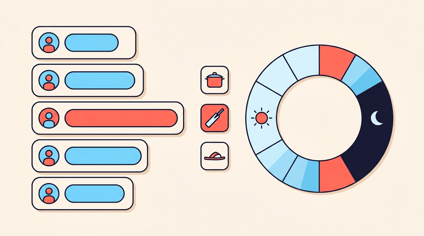Illustration of five city cards sized by follower count beside a 24-hour ring with its busiest hours highlighted.