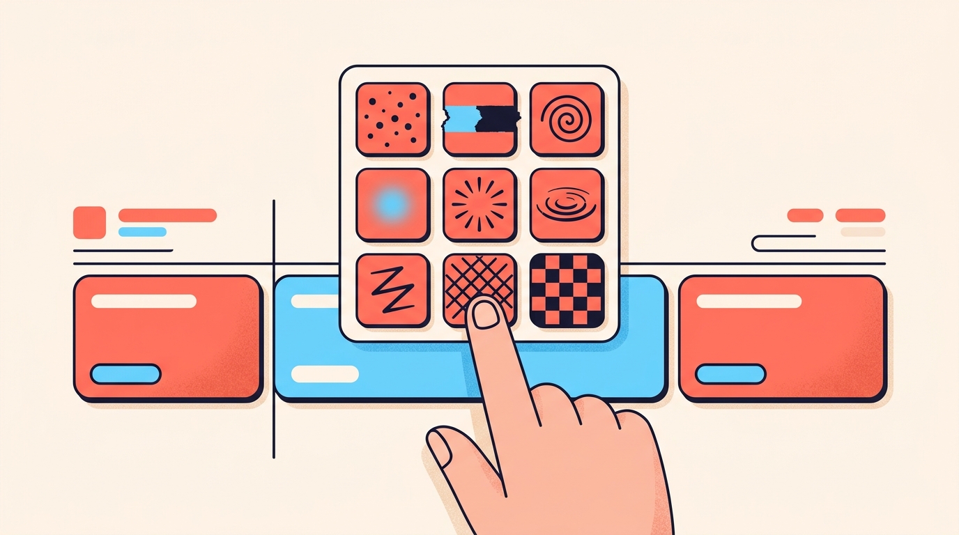 An editing timeline of three clips with a floating panel of abstract effect tiles above it, one about to be tapped.