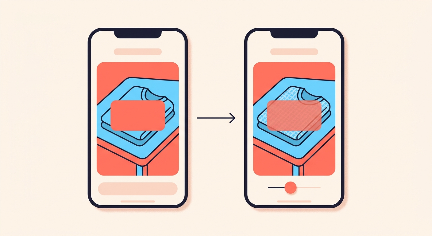 Two phone screens showing the same folded garment, with a solid label block on one and a semi-transparent one on the other.