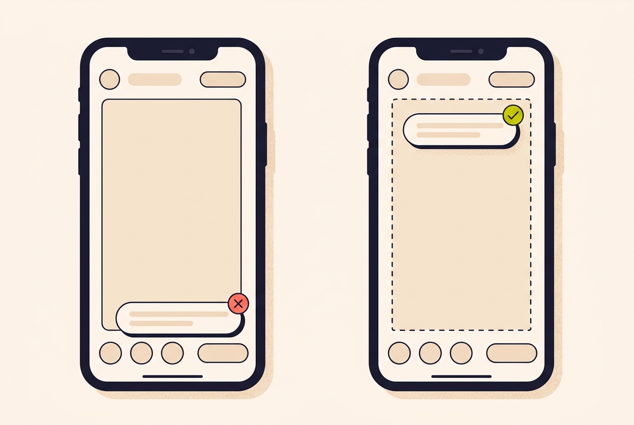 Two phone screens side by side: on one a text bar sits behind the interface at the bottom, on the other it sits safely in the upper third.