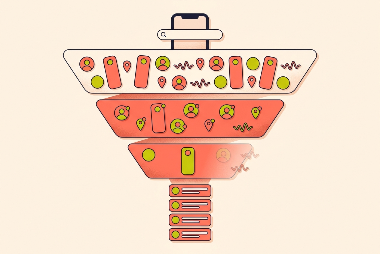 A funnel in four bands showing many mixed search results narrowing down to a short ordered list of cards.