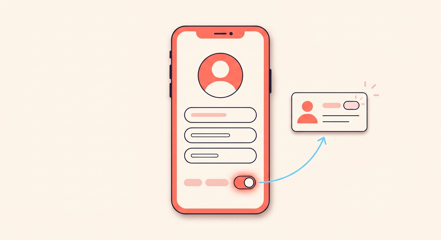 A phone showing a profile editing screen with one toggle switched on, and an arrow to a profile card that now carries a small badge.