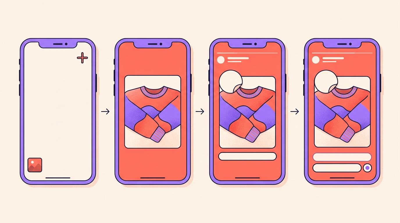 Four phone screens in a row showing the steps of capturing, editing and sharing a story.