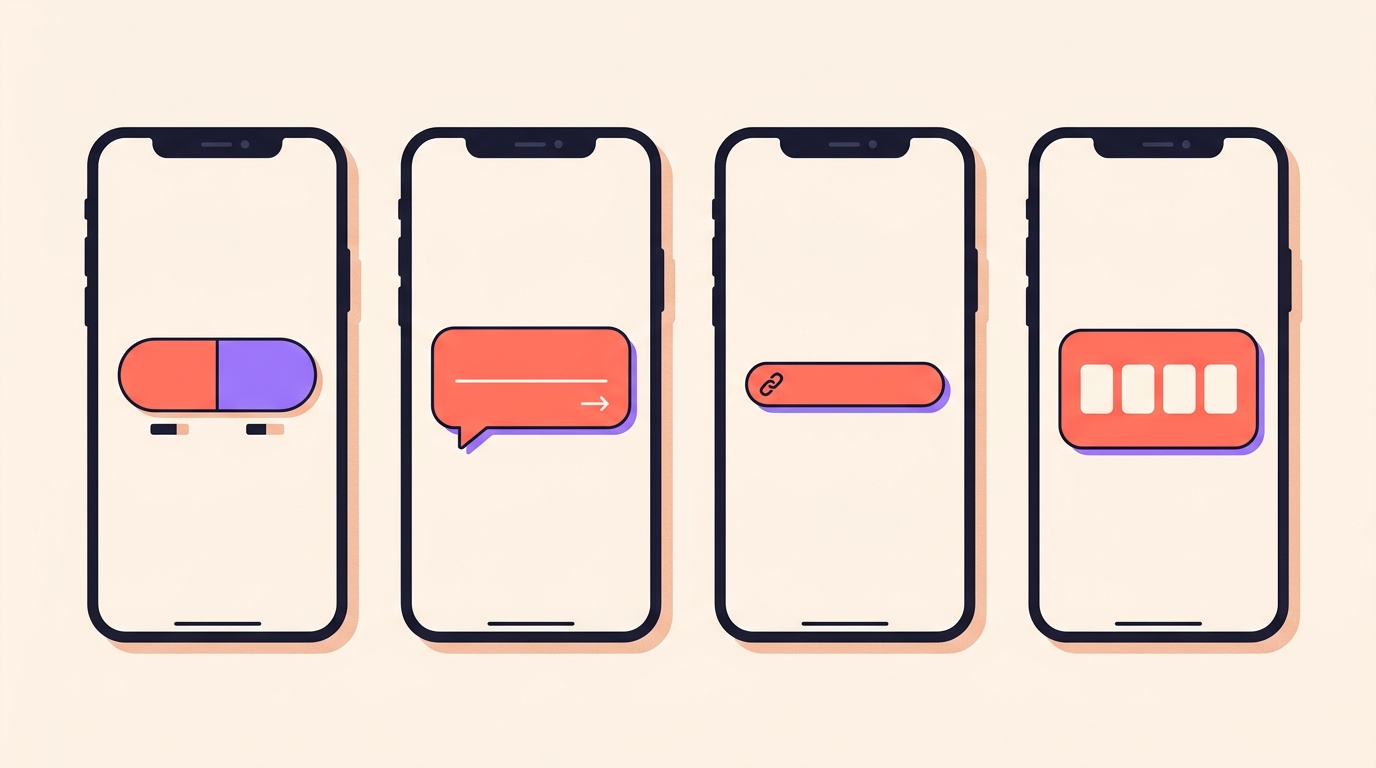Four phone screens showing a poll, a questions box, a link bar and a countdown sticker as plain shapes.