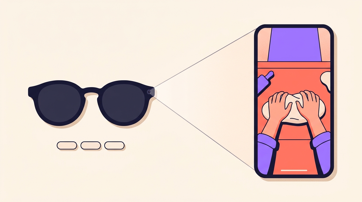 Diagram of camera glasses casting a wide cone of view onto a vertical video frame showing hands kneading dough.