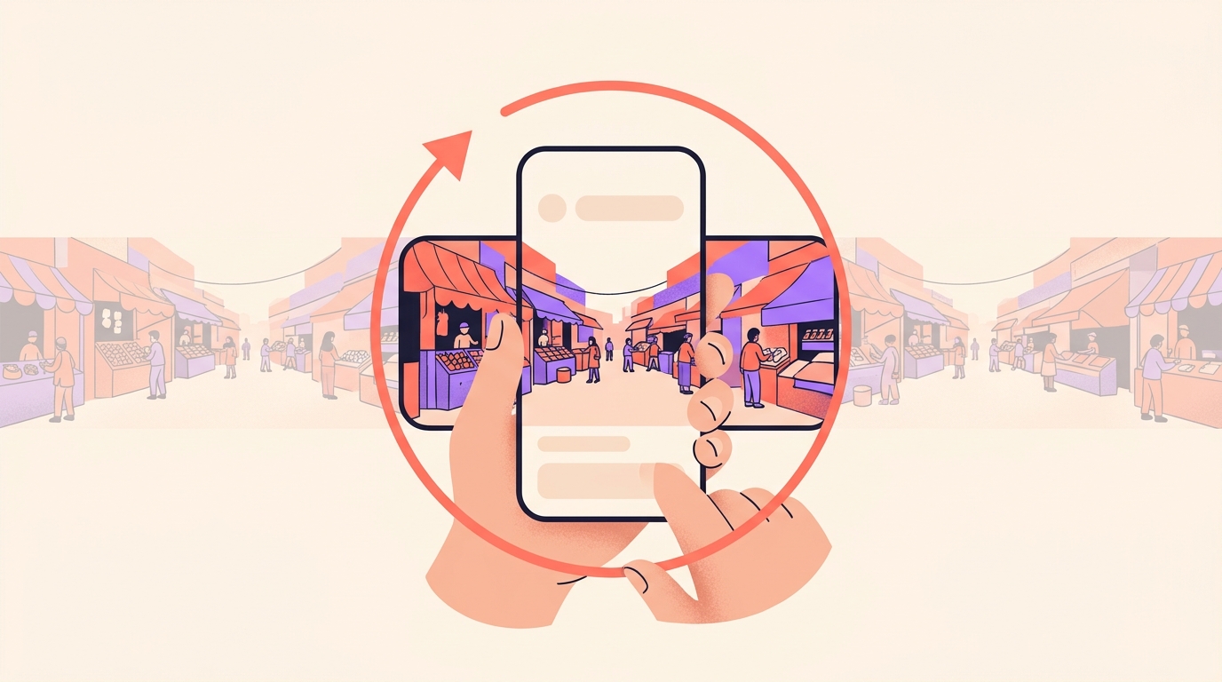 Illustration of hands rotating a phone to pan across a wide market scene that extends beyond the screen.