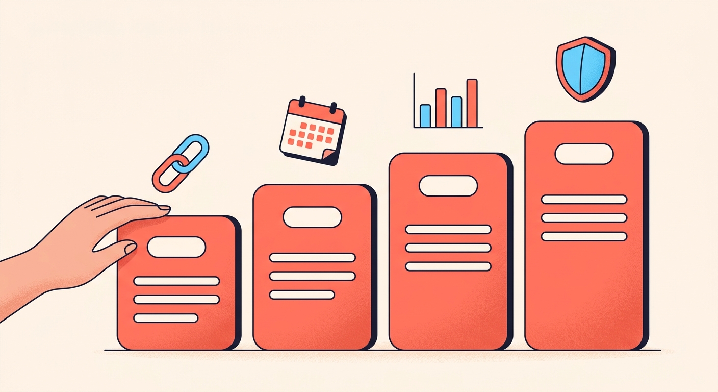 Four rounded plan cards rising like a staircase, each with a blank price pill, under icons for links, scheduling, insights and protection.