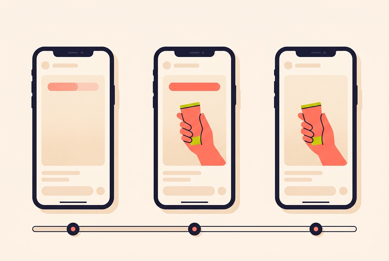 Three phone frames in a row showing a line of text appearing, sitting with the product, then leaving the screen again.