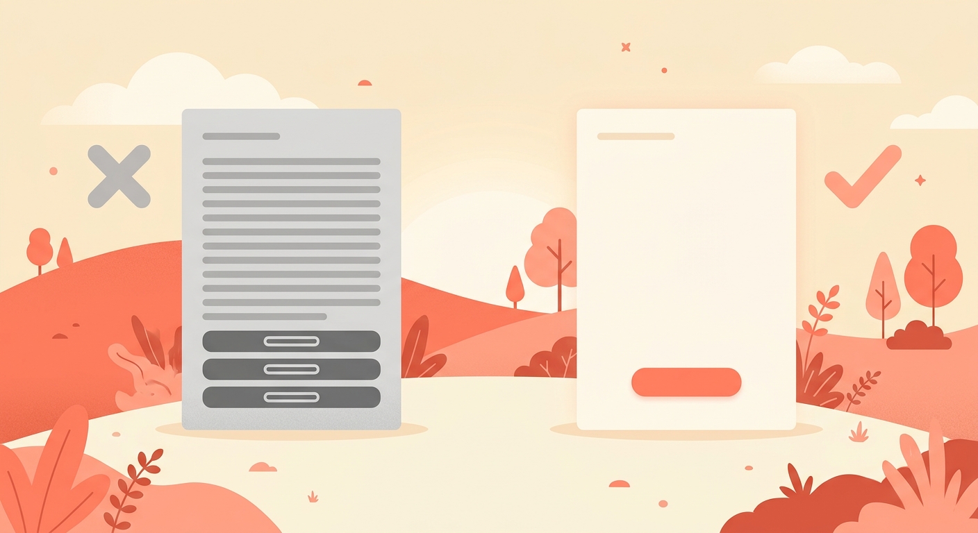 A crowded message card with many lines beside a light card with one line and one button.