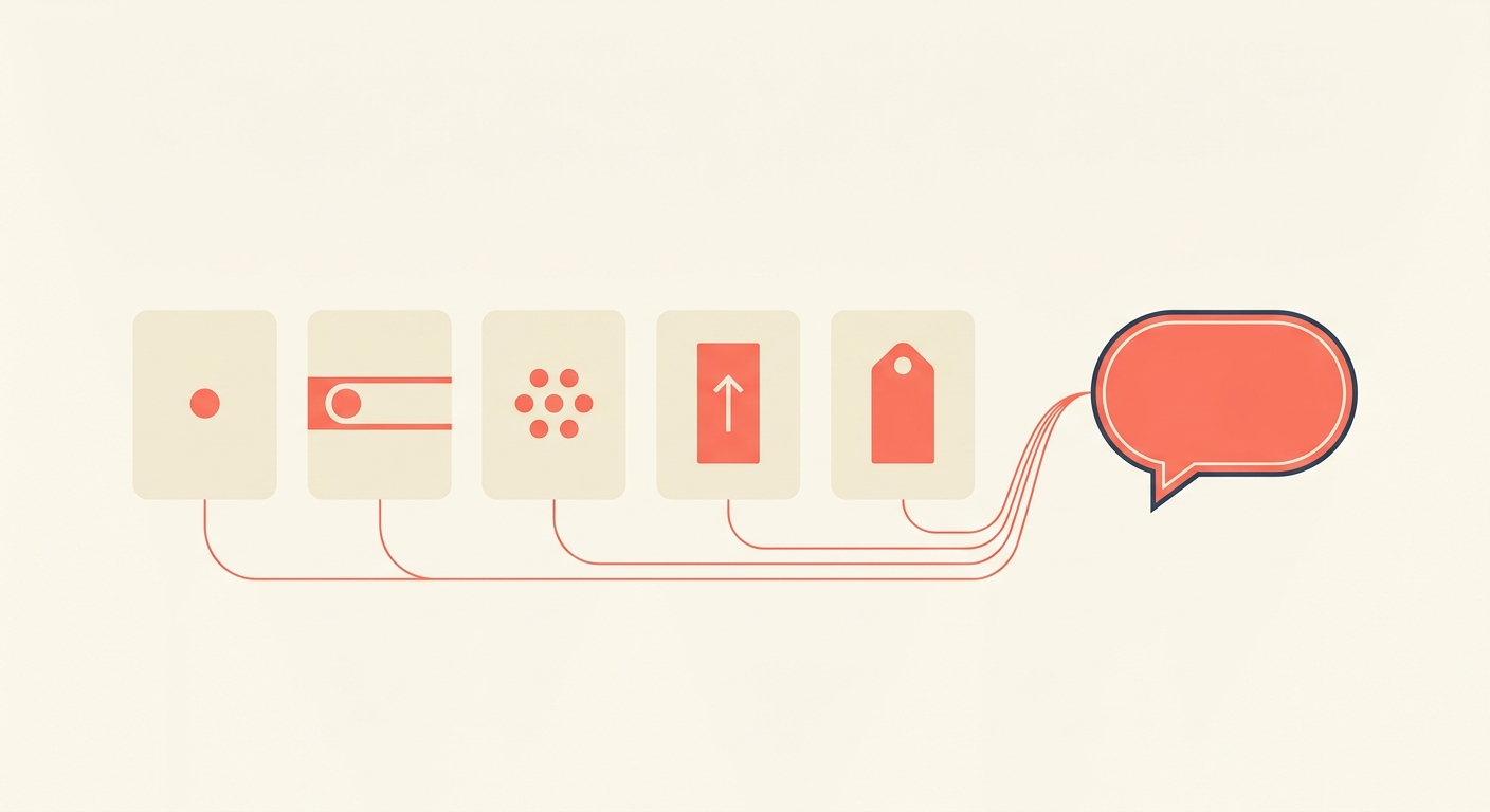 Five small icon cards feeding into a single message bubble on the right.
