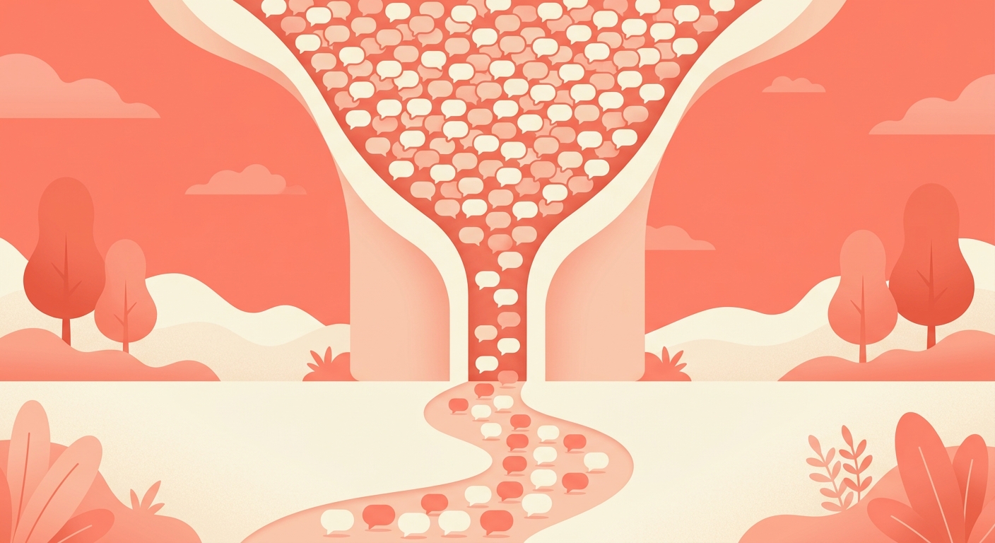 A funnel with a crowd of message bubbles entering and an evenly spaced stream leaving.