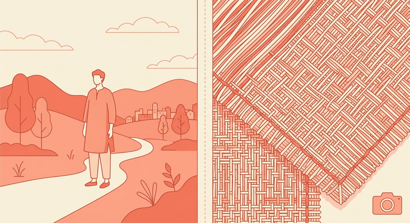 A clean full-figure view on the left and a detailed close-up of fabric texture with a camera on the right.