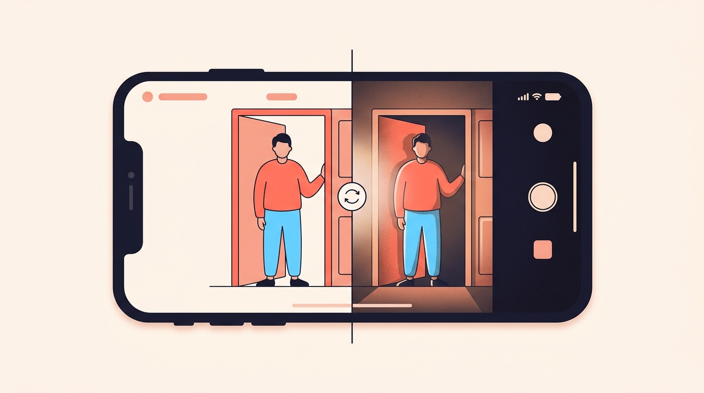 One phone screen split in half, showing the same photo in flat daylight on the left and warm night lighting on the right.
