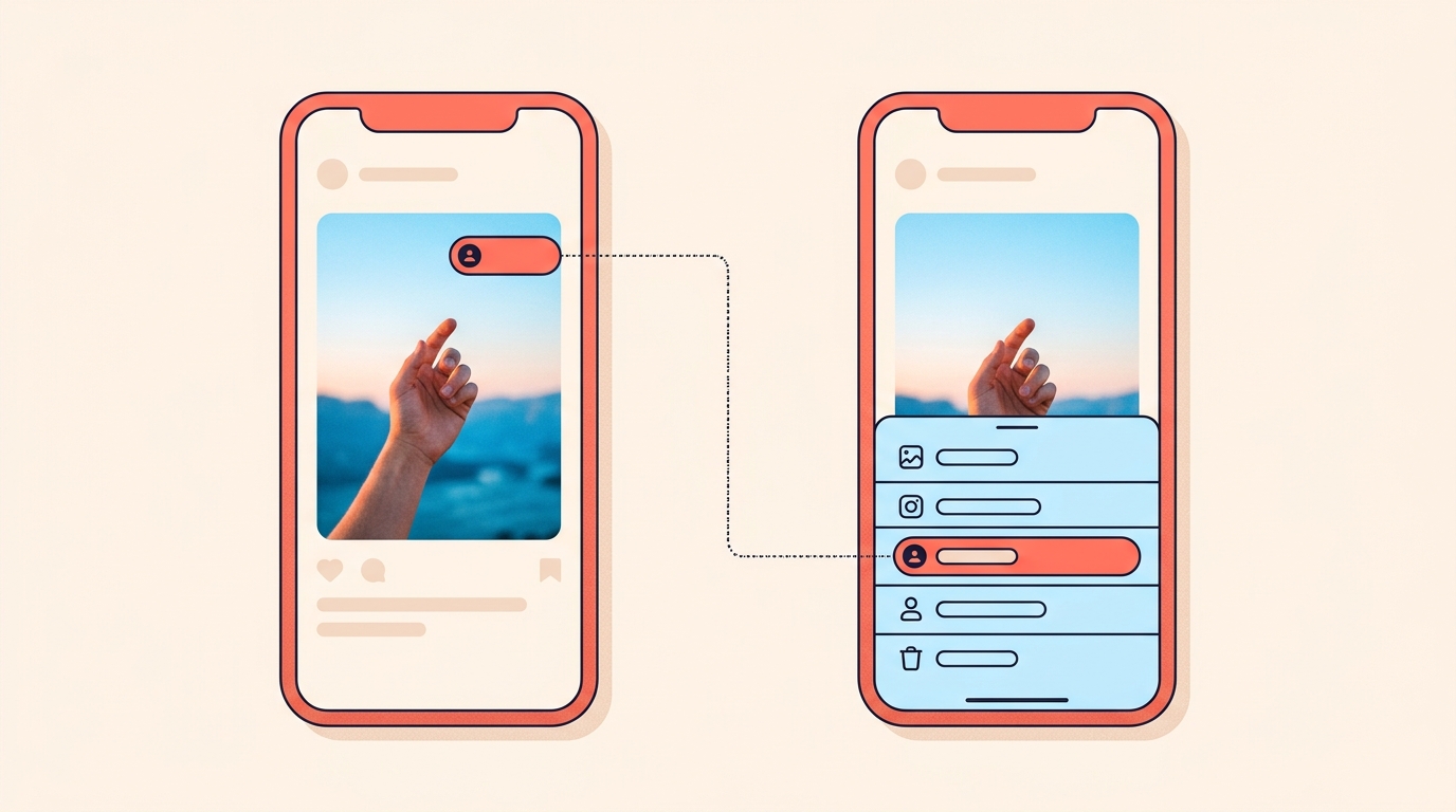 Two phone screens showing a small blank badge on a photo, and the same badge inside an open post menu instead.