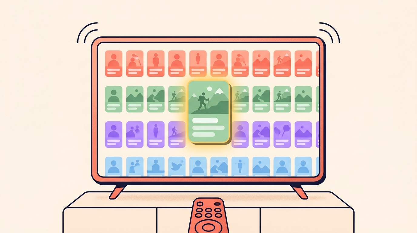 Illustration of a television showing rows of small vertical video tiles with one tile enlarged and selected.