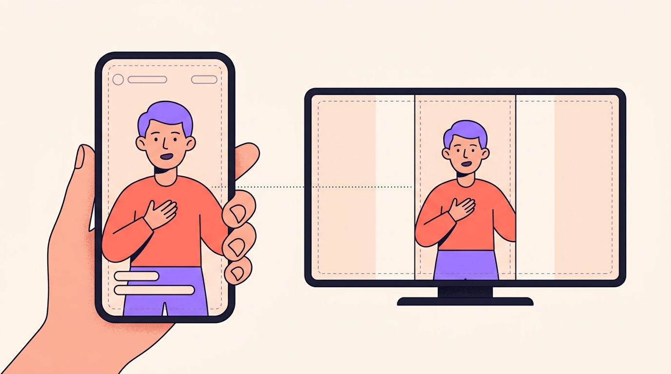 Illustration comparing the same vertical video filling a phone and sitting in the middle of a wide television.