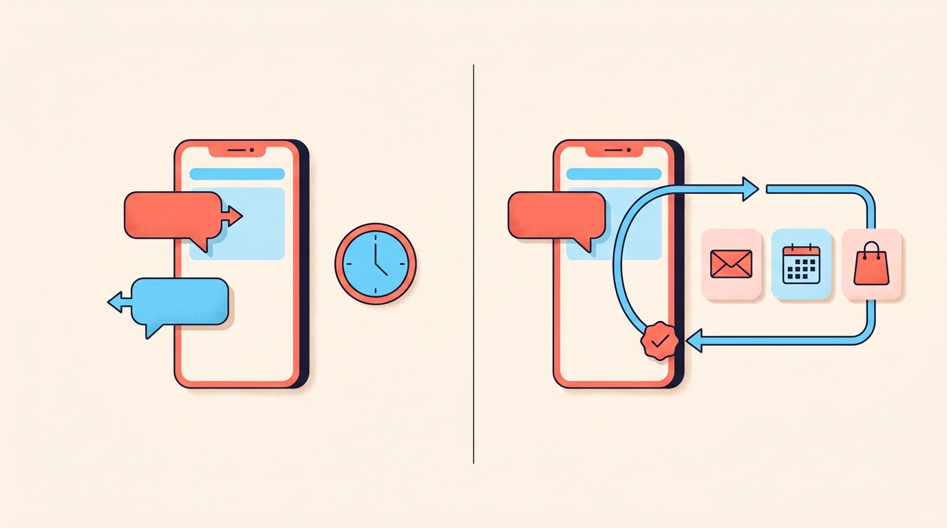 Two panels comparing a phone that answers and returns, and a phone whose task loops out to email, calendar and shopping before coming back.