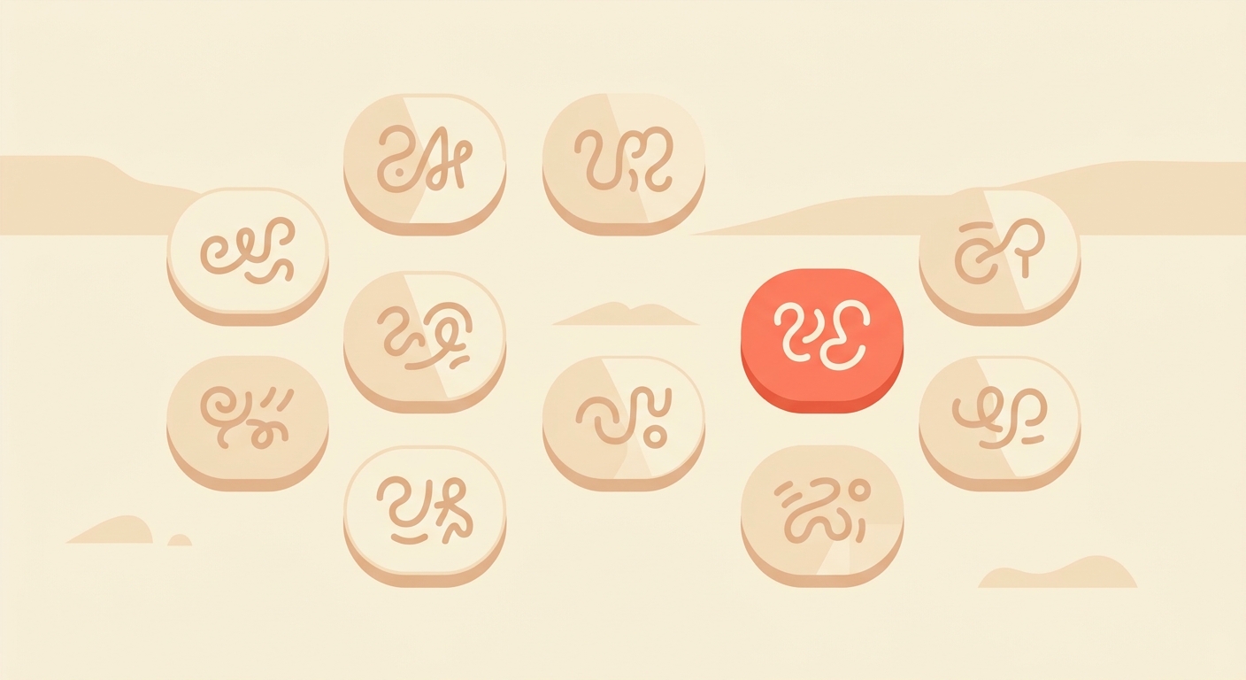 A grid of rounded chips, each with a different abstract mark, one highlighted in coral.