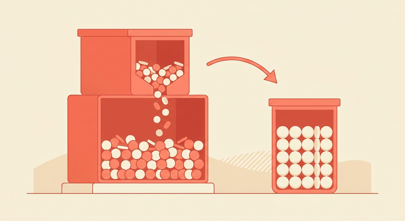 One container of tokens draining while a sealed second container stays full beside it.