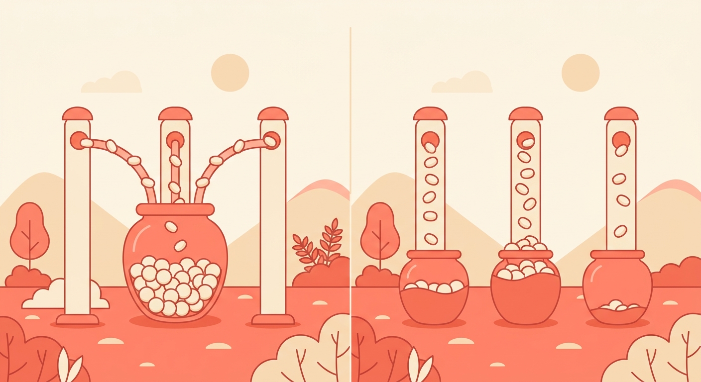 Three posts pouring into one shared jar on the left, and into three separate jars on the right.
