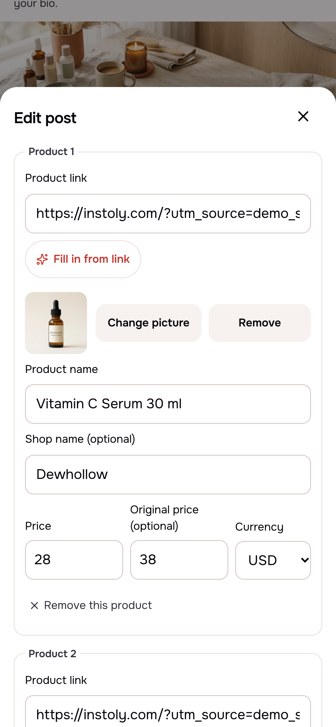 The post editor in the dashboard, with a product's picture, name, price and original price filled in.