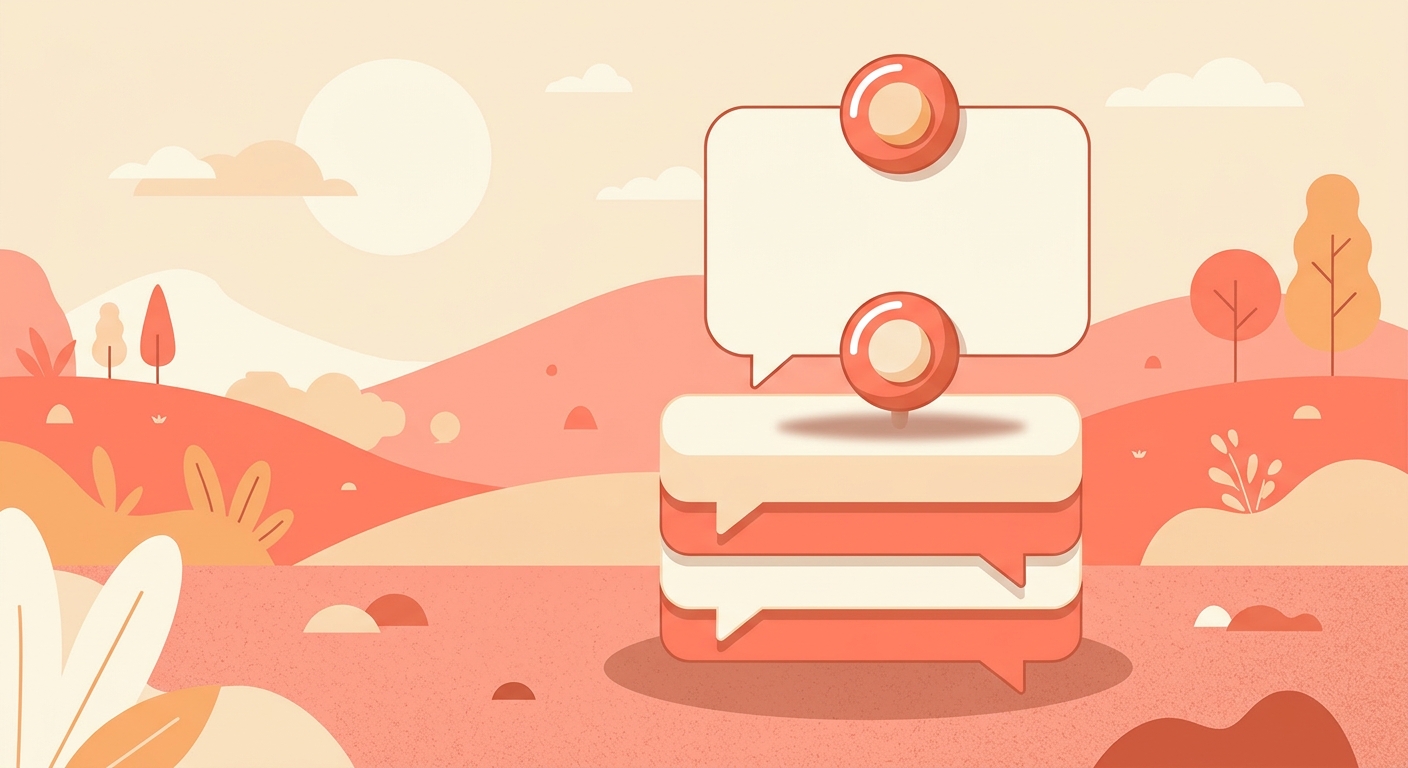 One speech bubble held above a stack of others by a round pin.