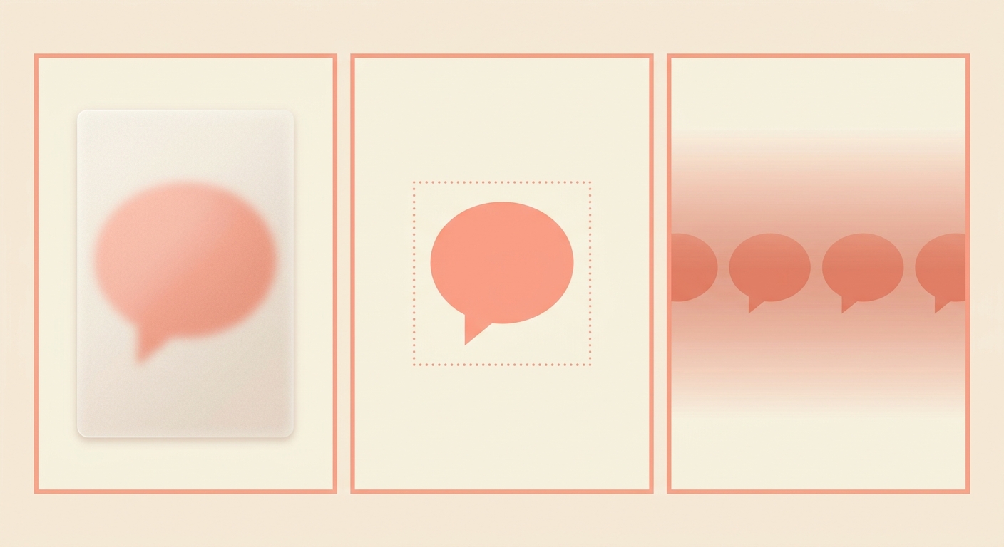 Three panels showing a hidden bubble, a bubble in a dotted outline, and a row of dimmed bubbles.