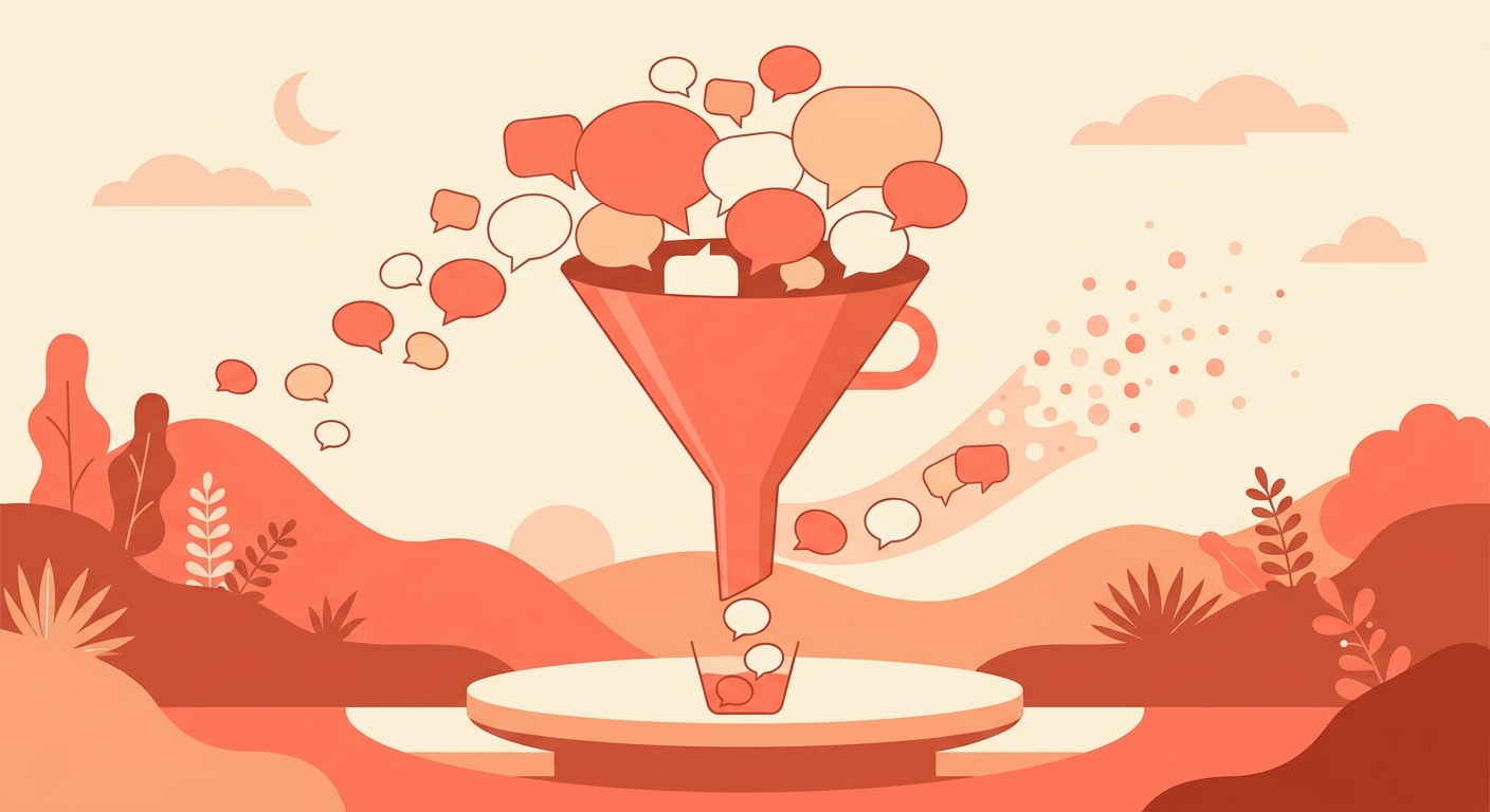 A funnel letting a few speech bubbles through while others dissolve into dots.