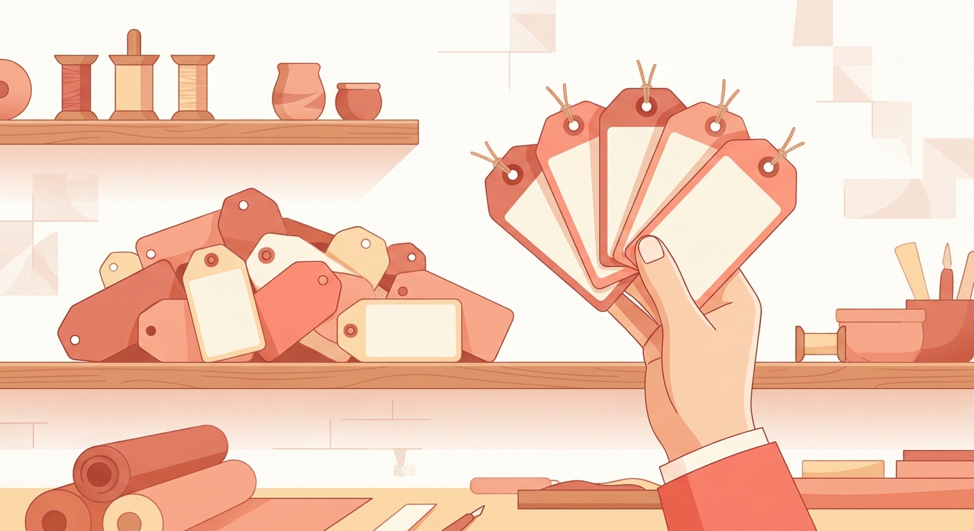 A hand holding five tag shapes with a heap set aside.