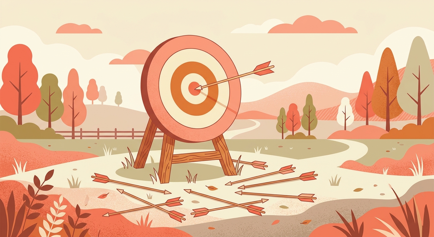 A bullseye with one arrow in the middle and loose arrows on the ground.
