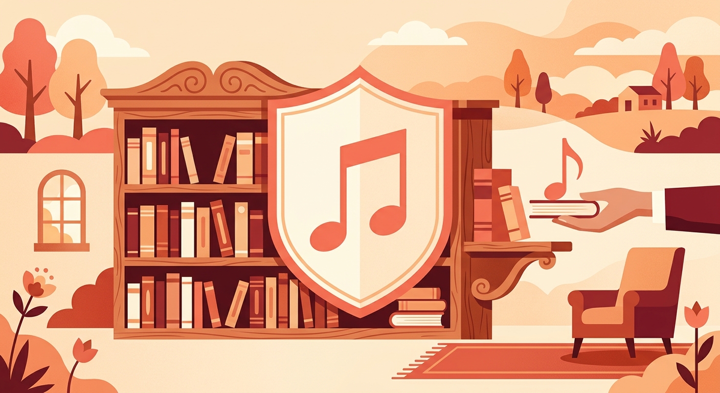 A music note in a shield beside a library shelf, with a second note on a side shelf.
