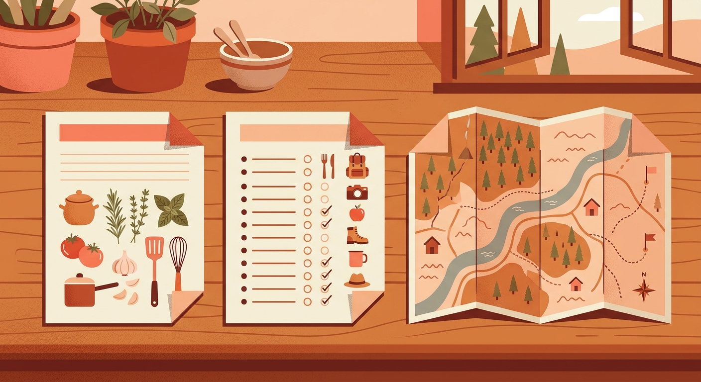 A recipe card, checklist and folded map each with a bookmark corner.