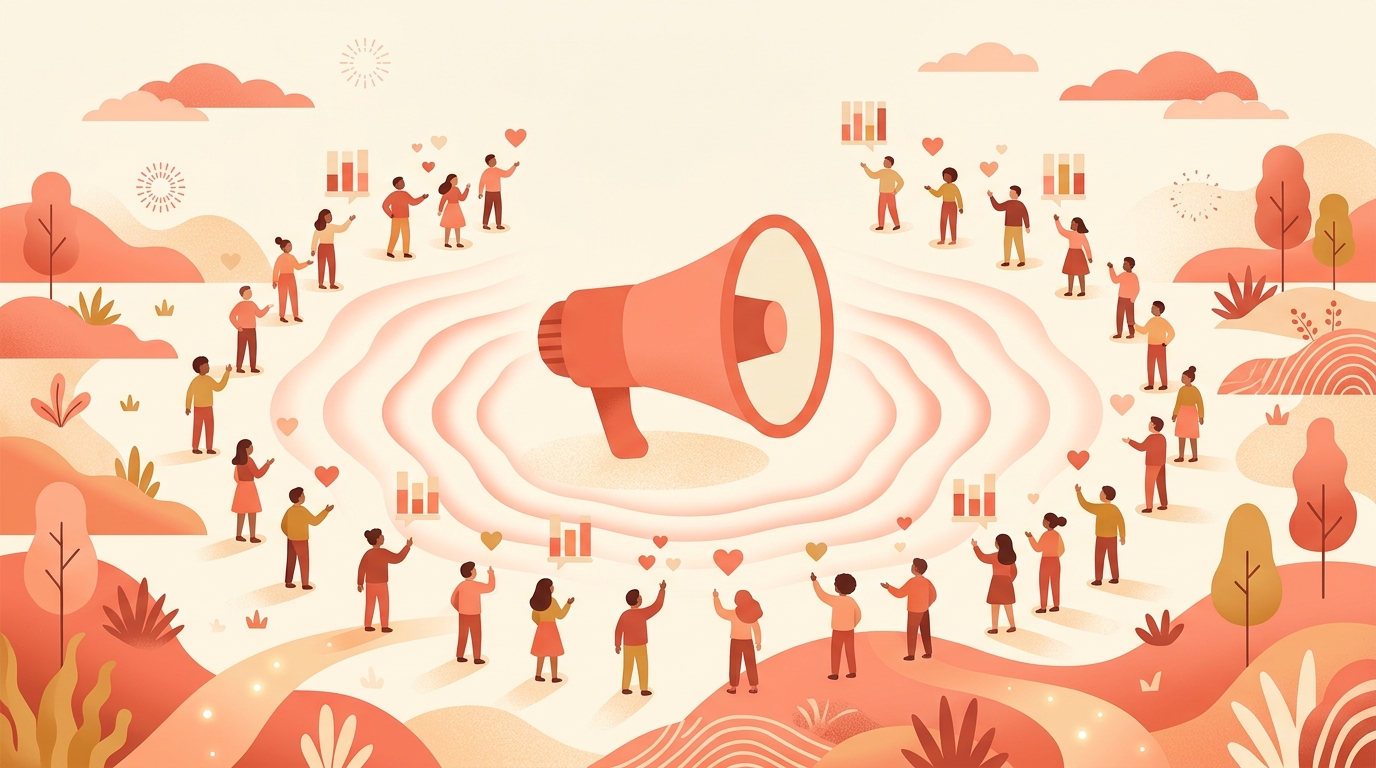 A central chat bubble sending ripples out to a ring of dot-people with hearts and poll bars.
