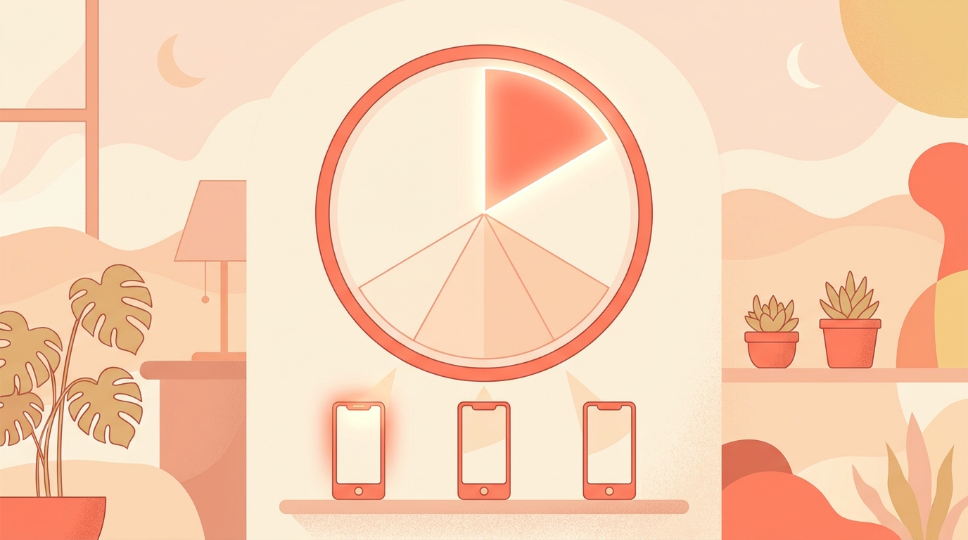 A clock face with one glowing segment and three phone shapes pointing to different parts.