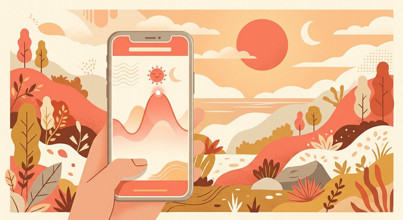A phone with a wave chart peaking, with a sun and moon beside it.