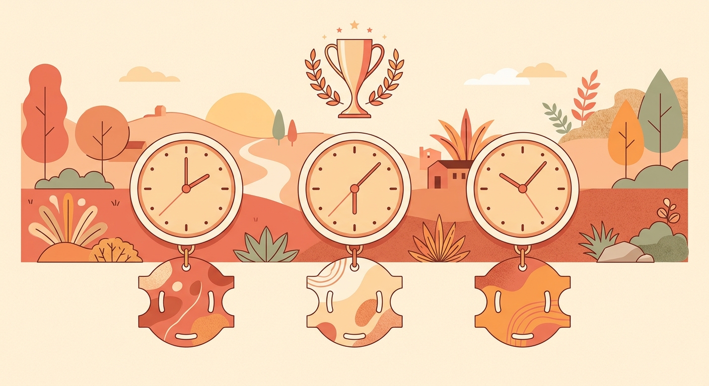 Three clocks, each with a reel card beneath, and a trophy above one.