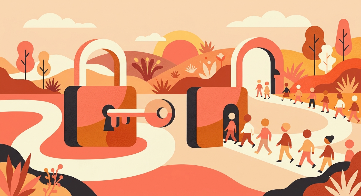 A padlock opening, with a queue of dot-people stepping through a gate.