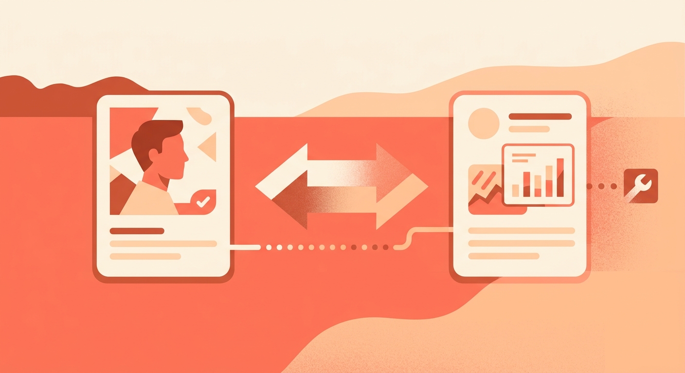 A two-way arrow between two profile cards with a faded tool icon.