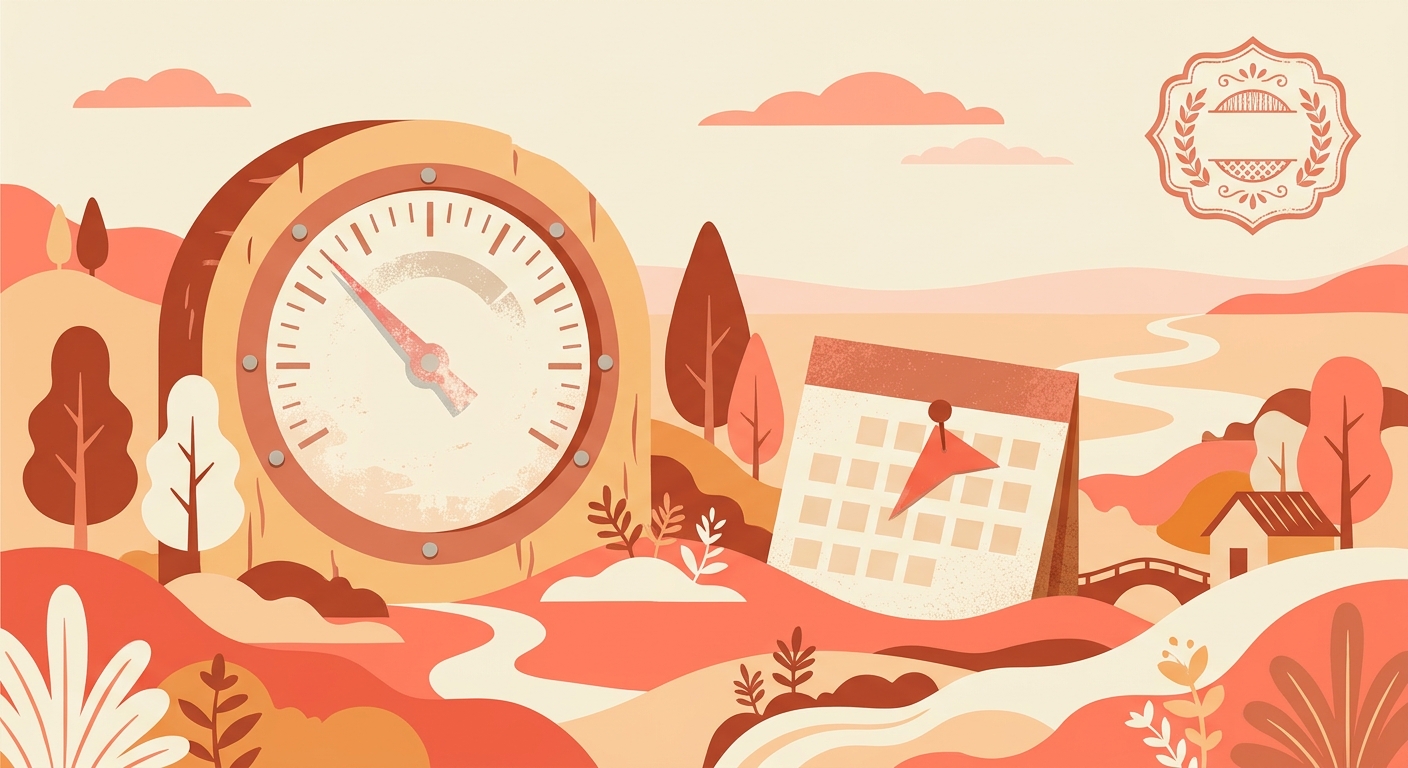 A faded gauge beside a calendar page with a date flag.