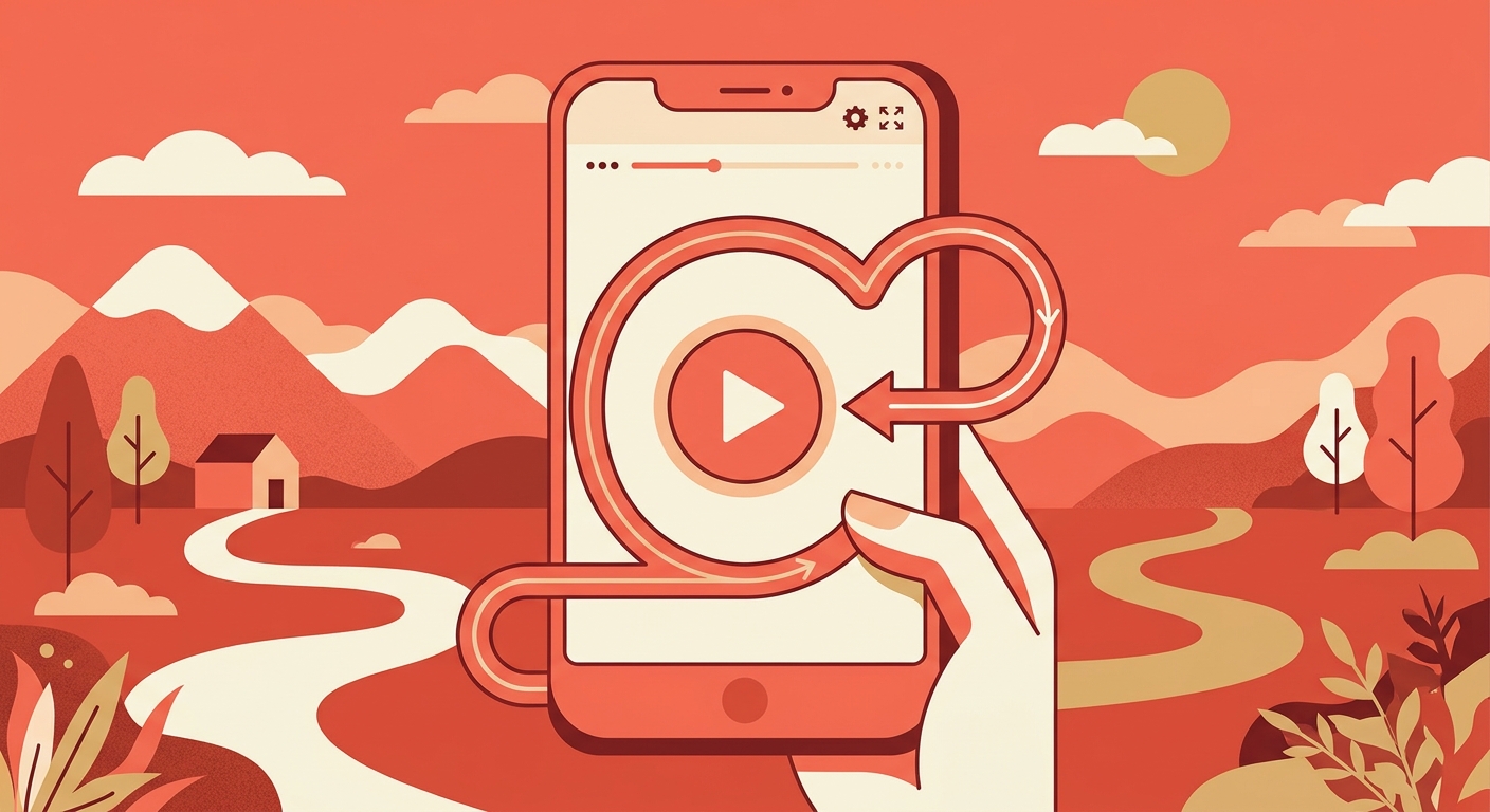 A phone with a looping arrow returning to the same video frame.